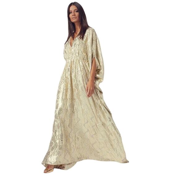 Melissa Odabash Kaftan Dress Maxi Look 5 Gold Shimmer Empire V Neck One Size - Picture 12 of 12